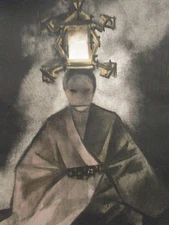 VTG Gouache Painting Andre Delfau Abstract Modernist Cubist Asian Figure Lantern