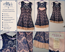 Ally's Collection Navy Blue Nude Lace Fit & Flare Cocktail Dress Women's S/M