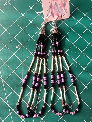 New Long, Handmade Native American Porcupine Quill Beaded Earrings #F82 Boho