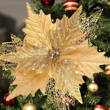 10'' Large Christmas Glitter Poinsettia Flowers Decorations, stadeco 10 Gold 