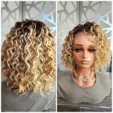 Ombre Blonde Wig Short Curly Wig Human Hair Blend Freepart 3x4 Lace Loose Wave
