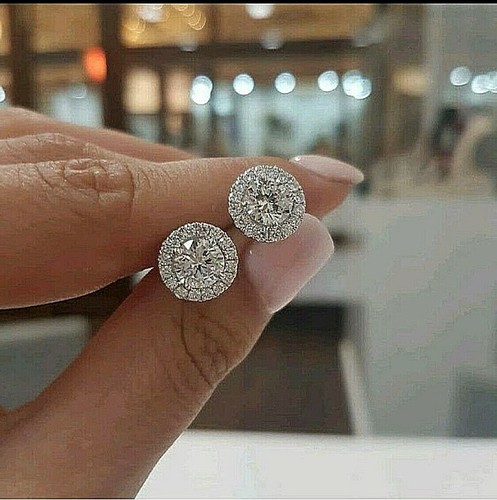 4.00 Ct Halo Round Cut FL/D Lab Created Stud Earrings 14k White Gold 8mm - Picture 6 of 8