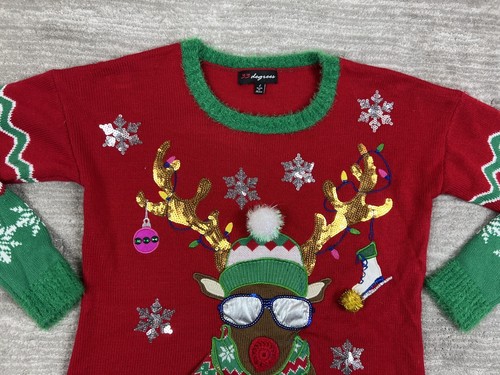 Christmas Sweater Womens Large Red Reindeer Embelish 33 Degrees Holiday Pullover - Foto 2 di 12