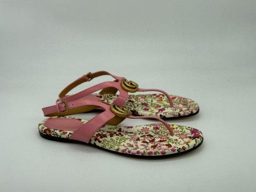 Sandalias planas Gucci Marmont doble logotipo GG tanga de cuero correa en T zapatos $790 - Imagen 6 de 13