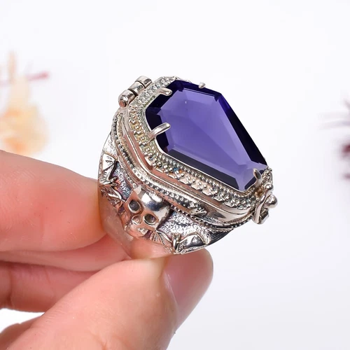 Skull Coffin Poison Ring, Amethyst Gemstone 925 Silver Handmade Poison Ring,