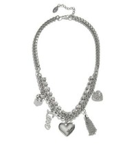 NEW GUESS SILVER TONE HEART,"LOVE",TASSEL CHARM,RHINESTONE NECKLACE CRYSTAL