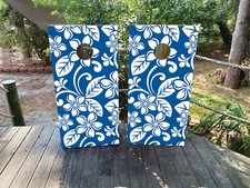 FADEPROOF Cornhole Board Wraps Laminated / Dark Blue Tiki / Beachy Design