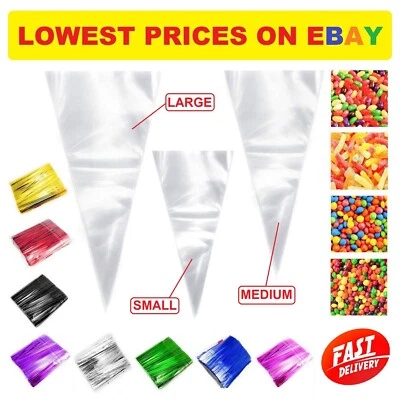 Clear Cellophane Cone Sweet Bags Cello Candy Birthday Kid Party Favor Gift Treat