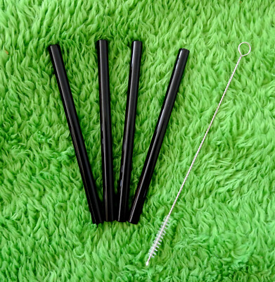 5er Set: SCHWARZE GLAS STROHHALME, handgefertigt, Glastrinkhalme, kurz, Bürste!!