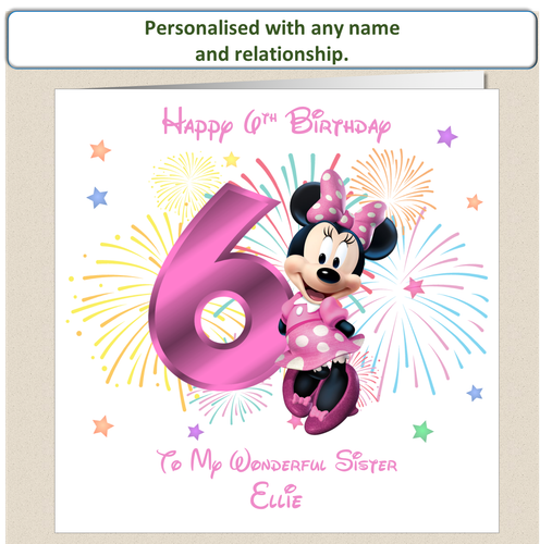 Personalised 6th Birthday Card Minnie Mouse Daughter Granddaughter Niece Sister - Picture 3 of 6