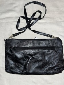 Black Patchwork Leather Clutch Messenger Tote Bag 7X11 Purse Lined Strap