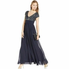 JS Collections Cap-Sleeve Beaded Chiffon Gown Sz 8 Navy