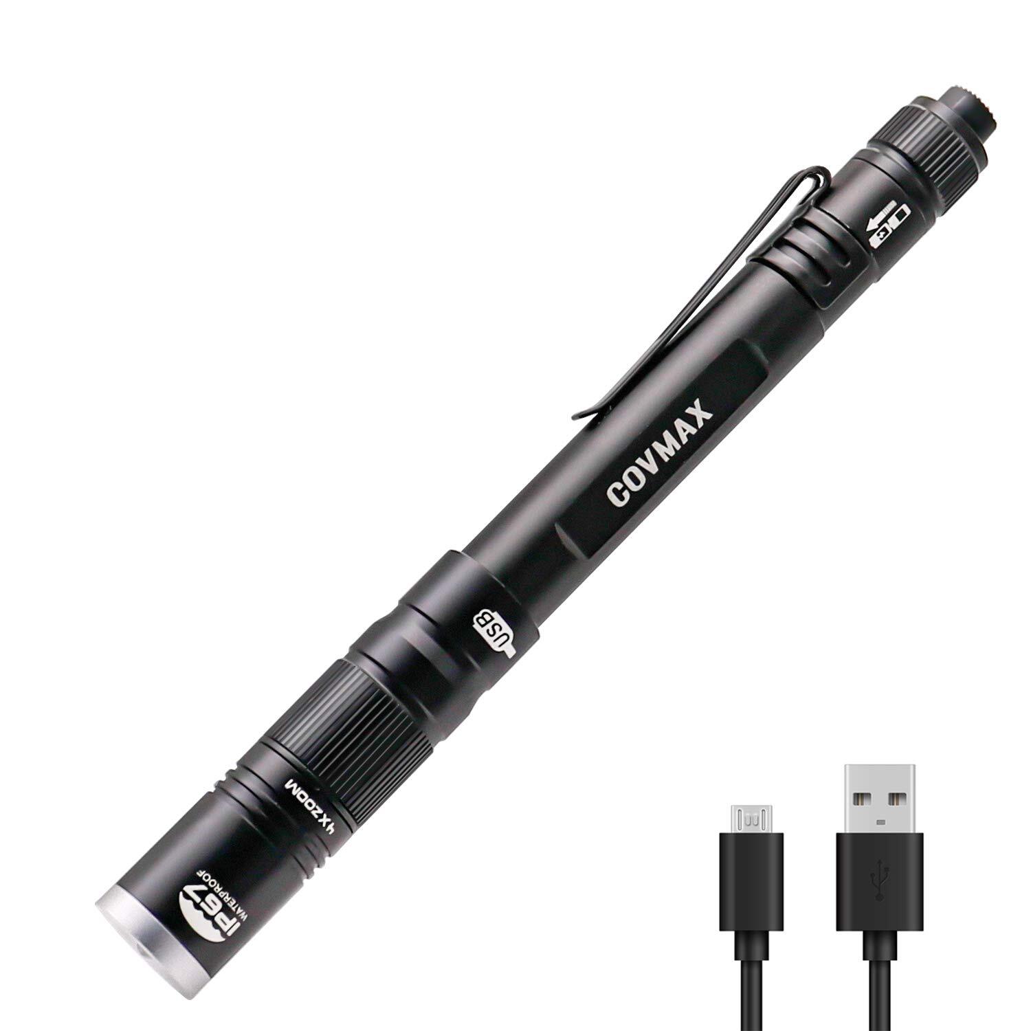 COVMAX Rechargeable Pen Light Flashlight IP67 Waterproof with Pocket Clip 4-Z...