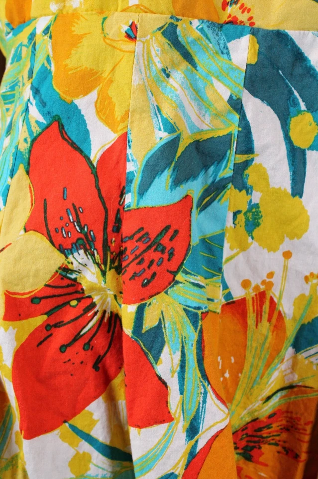 Vestido Hawaiano Vintage Talla 14 L Amarillo Azul Blanco Calado Sin Mangas Algodón R&K Foto 3 de 4