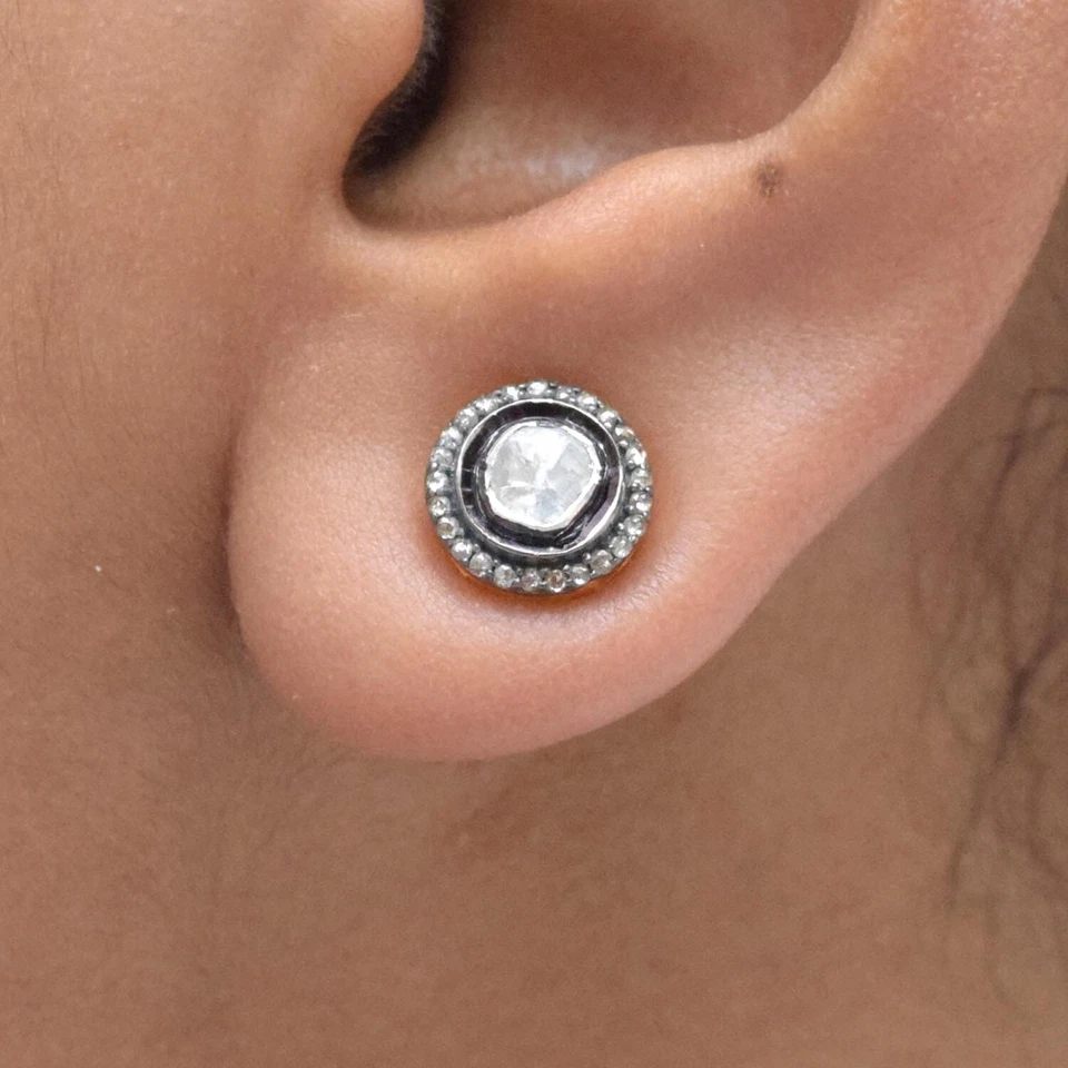 Orecchini a perno Polkii diamante argento 925 oro 14 carati regalo matrimonio... - Immagine 2 di 4