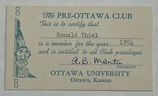 1954 PRE-OTTAWA CLUB MEMBERSHIP CARD OTTAWA UNIVERSITY KANSAS