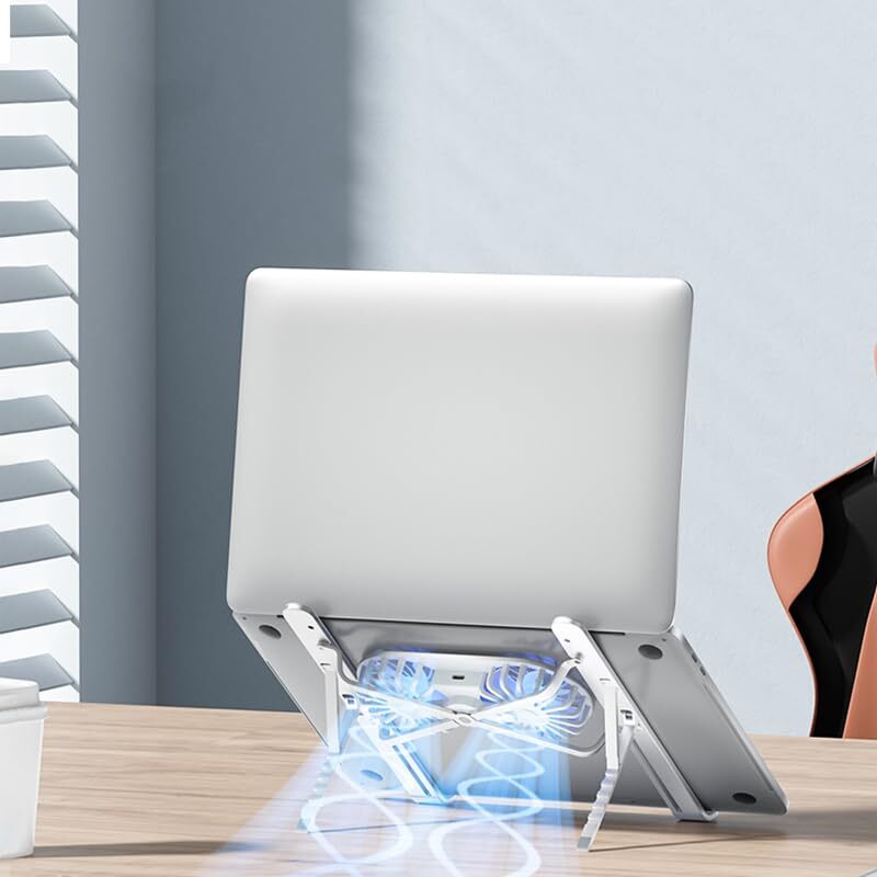 Foldable Silver Aluminum Laptop Stand with Cooling Fans and Light