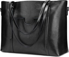 S-zone Women Genuine Leather Top Handle Satchel Daily Work Tote Black 