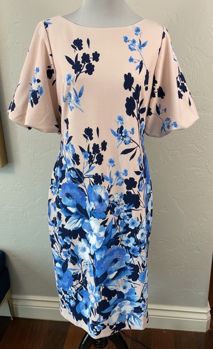Blue Floral Puff Sleeve Shift Dress Sz 