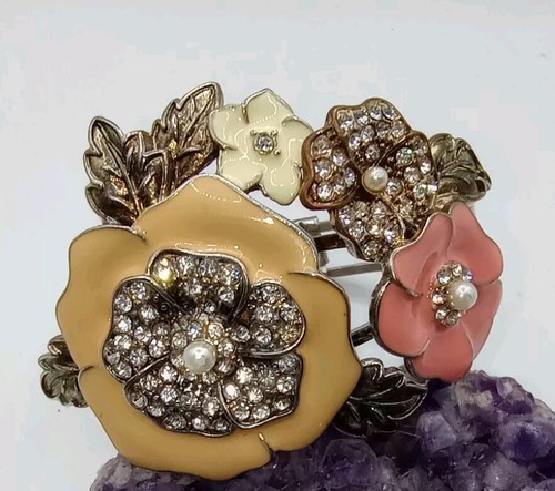Vintage Blingy Floral Enameled Cuff Hinged Bangle Bracelet 2.5" Closed 2" Wide