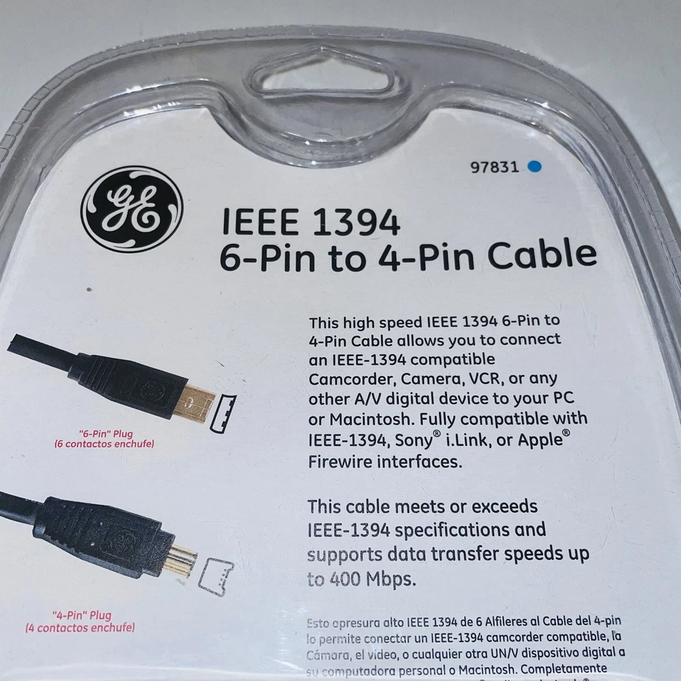 New GE 10 ft. 6 Pin 4 Pin FireWire IEEE 1394 High Speed Cable PC MAC 24k Plated - Image 4 of 4
