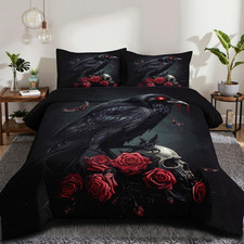 Black Crow Red Rose Skull Comforter Set Queen Size Halloween Gothic Roses Skelet