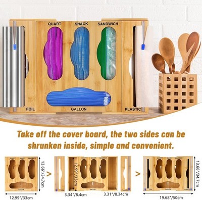 Bamboo Ziplock Bag Storage Organizer Foil and Plastic Wrap Dispenser with Cutter