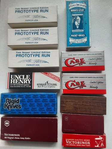 LOT OF 12 VTG. KNIFE BOXES (ONLY) CASE, RIGID, SCHRADE VICTORINOX & PARKER