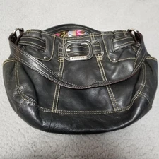Tignanello Leather Hobo Shoulder Bag Womens Black Buckle Purse Contrast Stitch