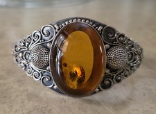 Genuine Artisan Ornate Sterling Silver Amber Cuff Bracelet  Gorgeous