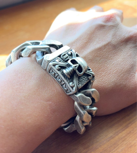 Heavy ~170g Skull Bracelet Silver Tone Cuban Link Biker Punk Gothic 20mm