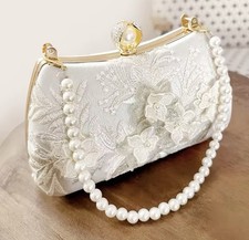 White Floral Lace Clutch Purse Pearl Chain Wedding Prom Evening Crossbody Bag