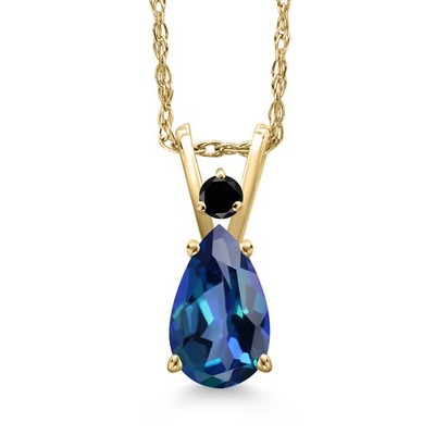 14K Yellow Gold Neptune Mystic Topaz and Black Diamond Pendant Necklace for
