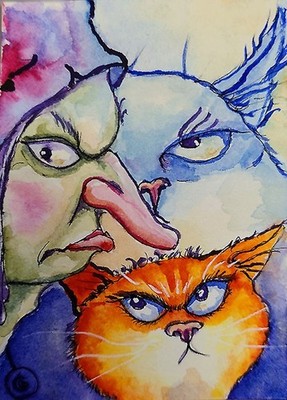 ACEO Original Painting OOAK - Cranky Trio - Cat - Bartshe