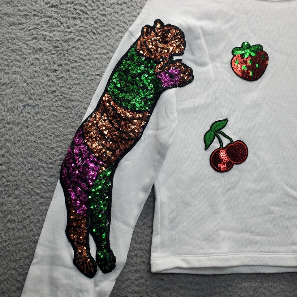 United Colors Of Benetton 卫衣 女孩 14/16 白色亮片 老虎和浆果 二手状况完好 — 第 3/4 张图片