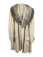 Vintage 1960s Wool Coat Fur Collar ILGWU Union Made Cream Pleated Long Overcoat