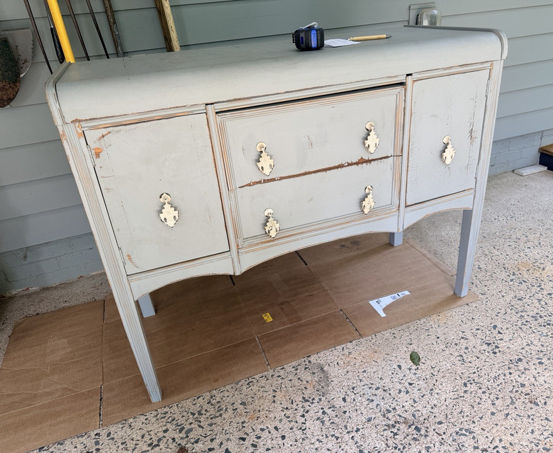 Gray Painted Wood Dresser, 2 Drawers, 2 Hinged Doors, Freestanding