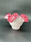 Vtg Fenton White Hobnail Ruffle Cased Wild Rose Glass Vase Bowl
