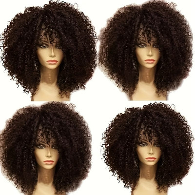 16-Inch Afro Curly Synthetic Wig with Bangs   Full Volume Kinky Hair, Natural B1
