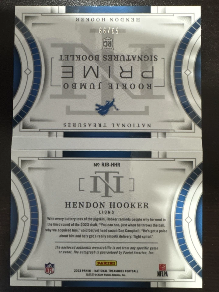 Hendon Hooker 2023 Panini National Treasures Rookie Jumbo Patch Auto Booklet /99 - Image 2 of 4