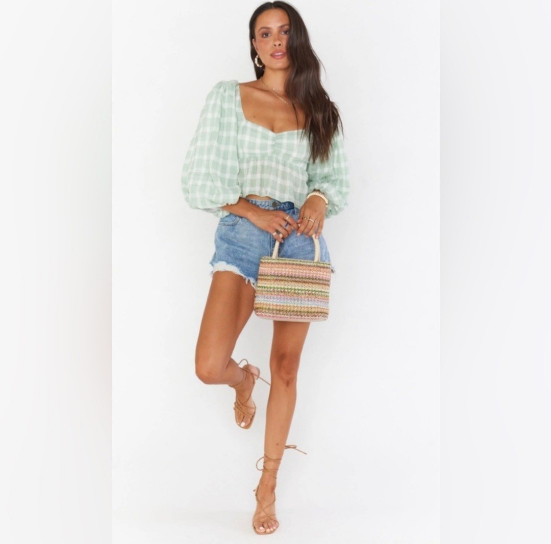 New Show Me Your MuMu Green Gingham Smocked Crop Top Small