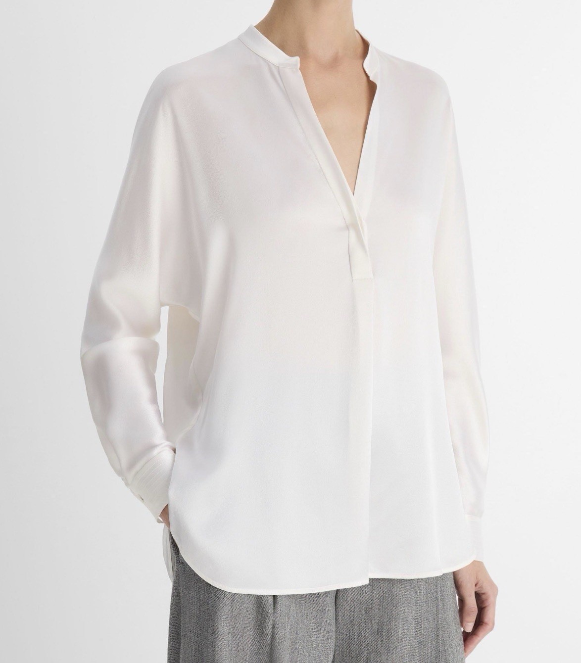 Vince 100% Silk  Satin Band- Collar Long Sleeves Blush V Neck Top Medium Women