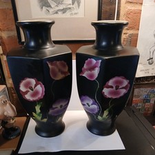 Pair Empire Works Vases Black with Pink Floral Design | Vintage Made in England
