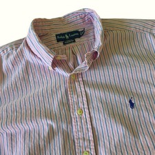 Vintage Ralph Lauren Mens Button Down Shirt Pink Blue Striped Classic Fit XXL