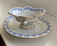 Hand Painted Childs Porcelain Dollhouse Sauce Gravy Boat Trinket Tray Blue White
