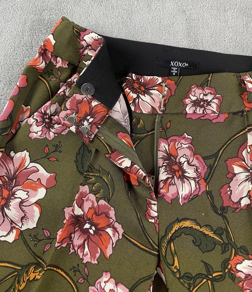 Pantalones para mujer XOXO talla 6 verde rosa floral acampanados informales C41 Foto 4 de 4