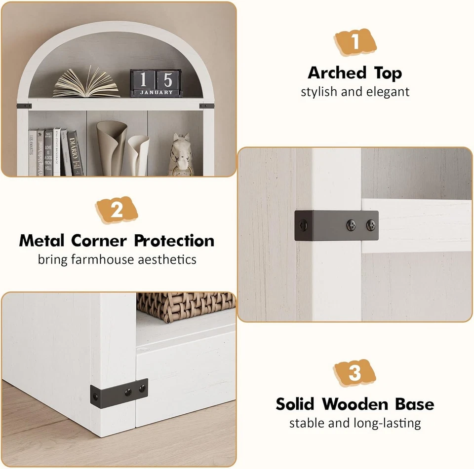 71" Modern Farmhouse Bookcase 5-Tier Arched Display Cabinet with Storage Shelves - Image 3 of 4