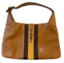 Vintage GUCCI Jackie Web Stripe Leather Hobo Bag Camel Gold Hardware Authentic