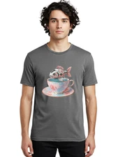 Robot-Fish-In-Teacup Mens Graphic Tee, 100% Cotton, Casual Summer Wear