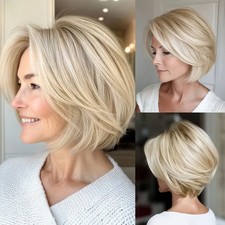 Short Bob Creamy Blonde Wigs Layered Cut 100 Human Hair Lace Front Wigs